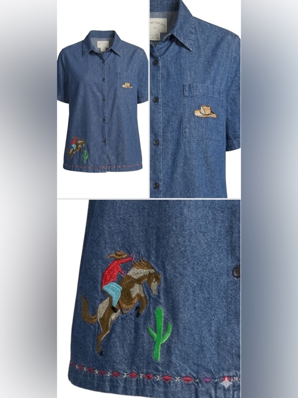 Retro Western Dark Denim Top Embroidered Cowboy Hat & Bronco Boho Cowgirl Style